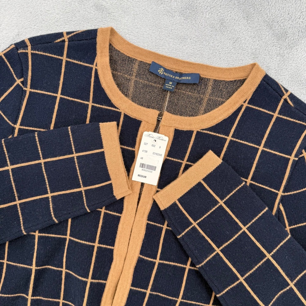 Brooks Brothers Navy and Tan Checkered Cardigan